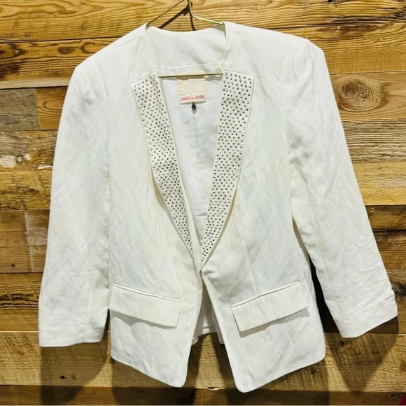 Rebecca Taylor silk linen rhinestones cinched white ecru blazer Y2K holidays US6 - Picture 2 of 7